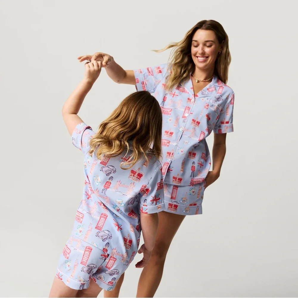 Posh Peanut London Print Pajama Set - blue red crown tea bus - Picture 2 of 4